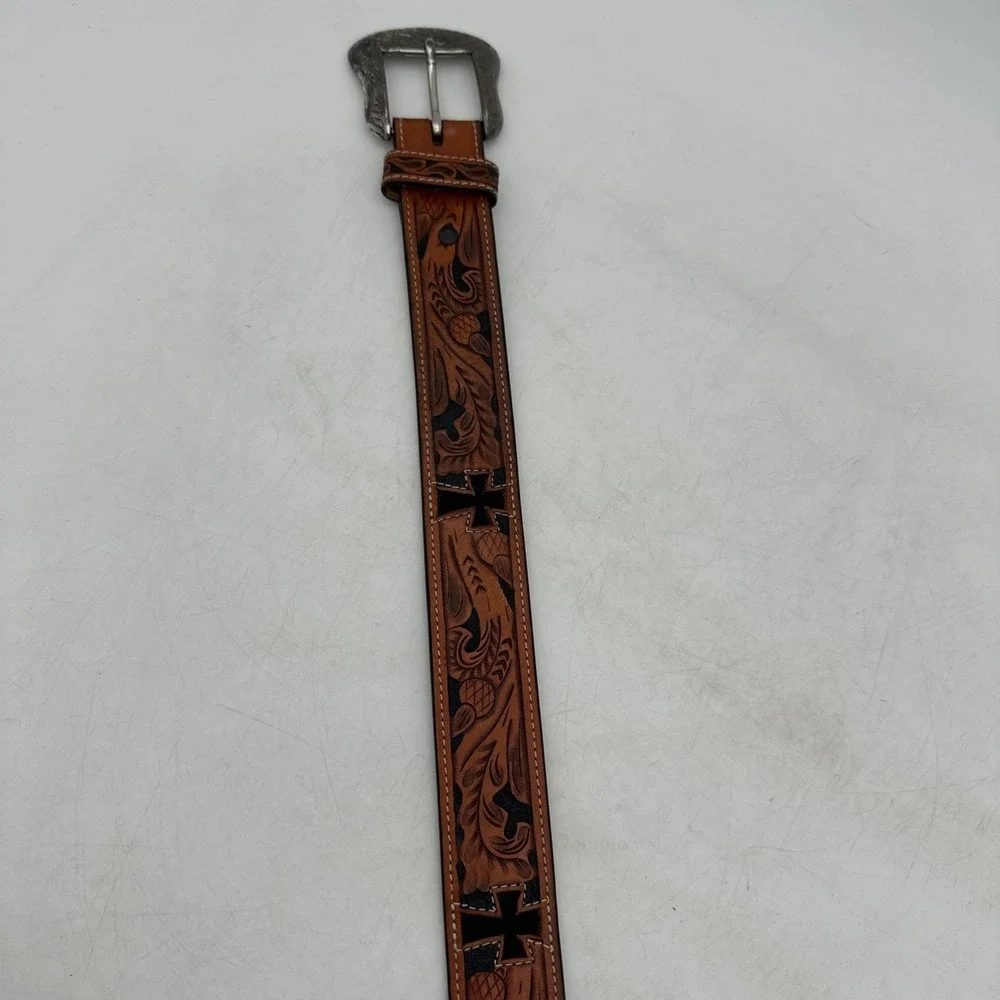 3D Genuine Hand Tooled Leather Cowhide Hair On Cross Western Belt Size 34